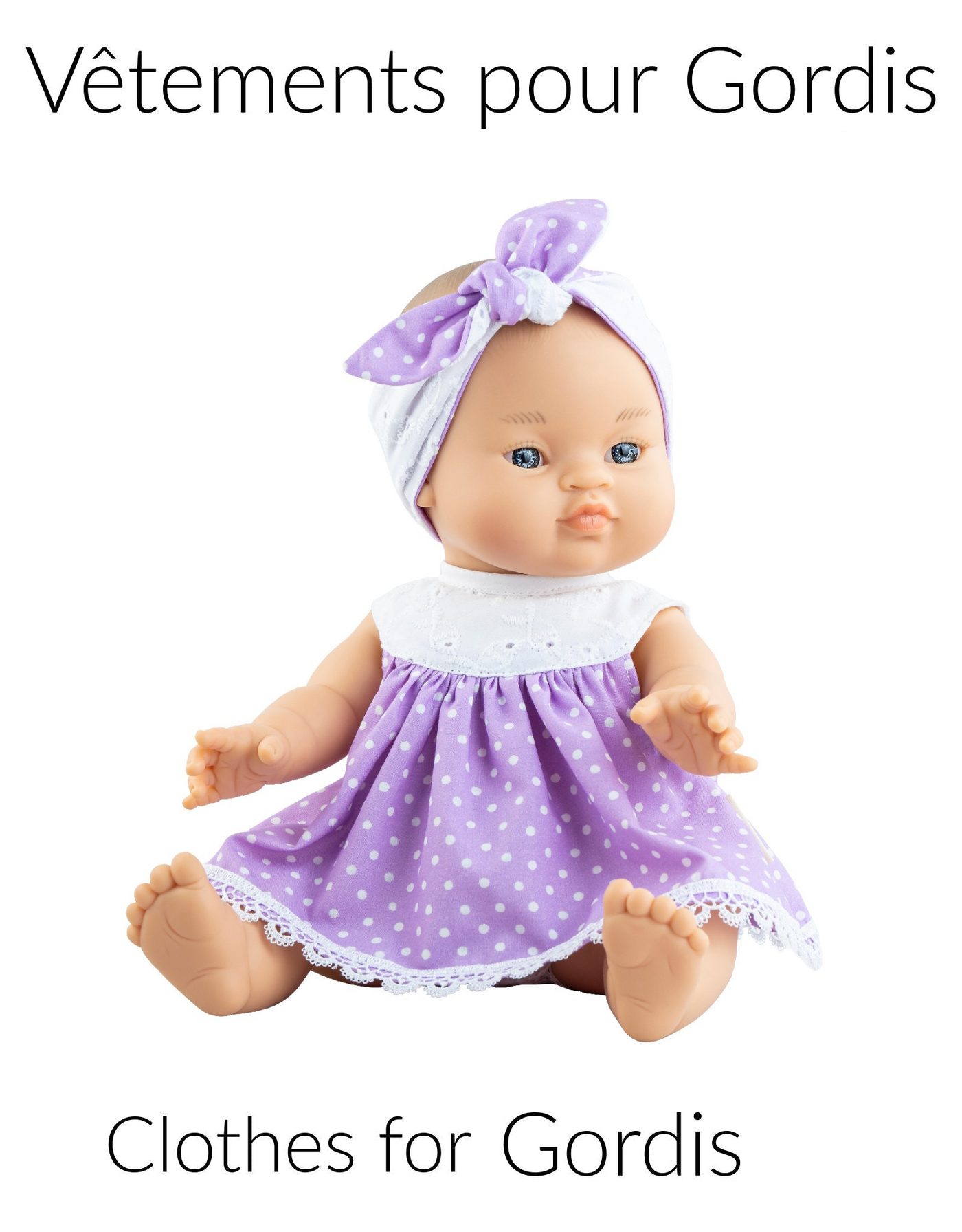 Gordis Doll Clothing Purple dress and headband with white polka dots Paola Reina